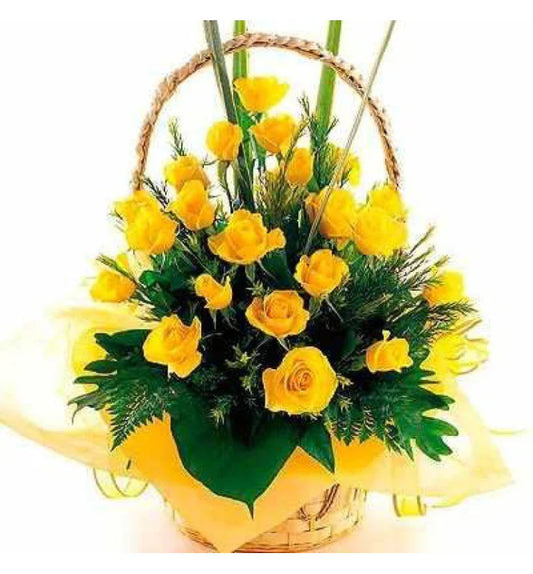 30 yellow roses round basket