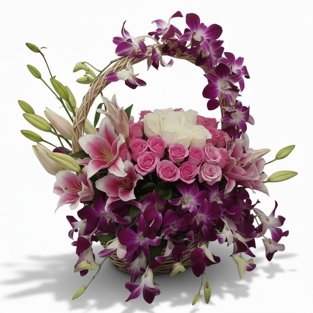 Premium Orchid, Lily & Roses Basket Arrangement