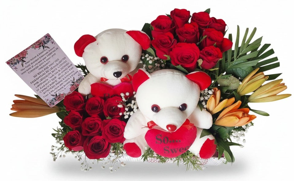 Romantic Red Roses & Teddy Basket Arrangement