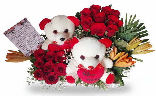 Romantic Red Roses & Teddy Basket Arrangement