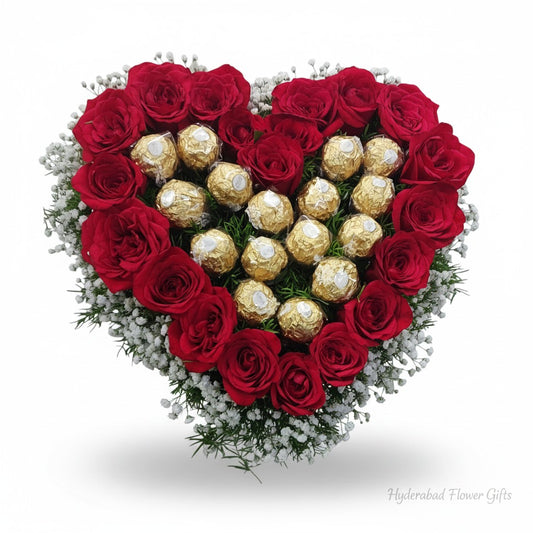 Heart Shape Red Roses with Ferrero Rocher Arrangement