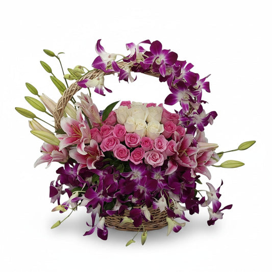 Premium Orchid, Lily & Roses Basket Arrangement